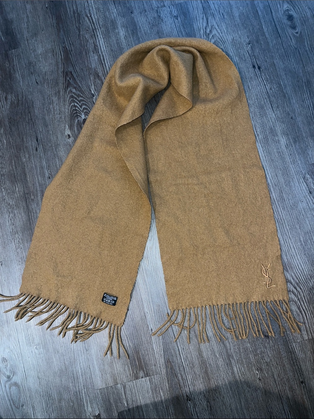 YSL YVES SAINT LAURANT Camel/Tan Wool Fringed Scarf with YSL Monogram